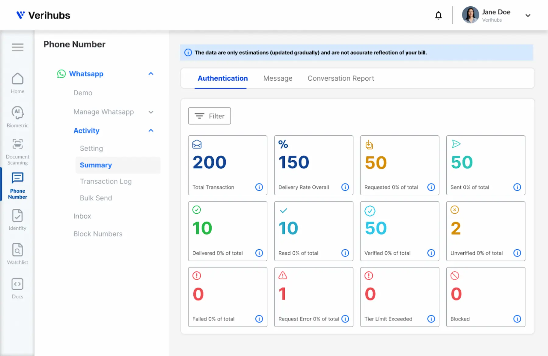 Verihubs Dashboard Phone Number Verification